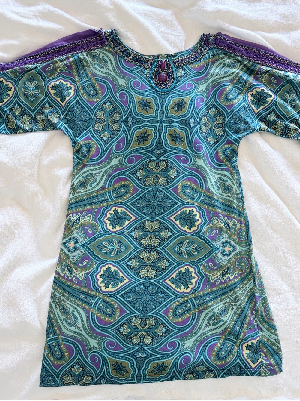 Boho Paisley Mini Dress in Teal & Purple
